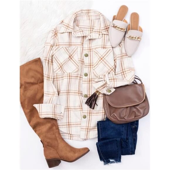 New Women's Fall Plaid Shacket Jacket Long Sleeve Button Down Flannel Shirts - Picture 6 of 7